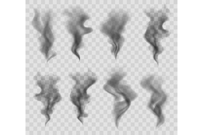 Realistic smoke or steam in gray colors isolated on transparent backgr