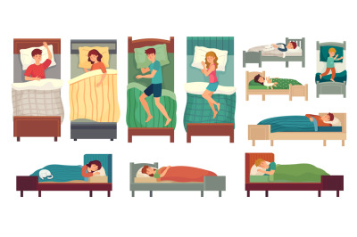 People sleeping in beds. Adult man in bed, asleep woman and young kids