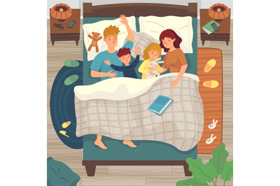 Children sleep in parents bed. Co-sleeping with child. Dad, mom and ki