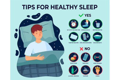 Healthy sleep tips infographics. Causes of insomnia, good sleep rules