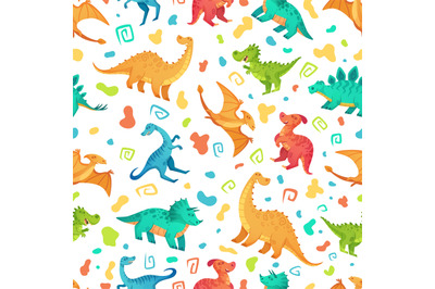 Cartoon dino seamless pattern. Cute triceratops, brontosaurus and tire