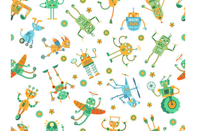 Seamless robots pattern. Robot rocket, colorful robotic dog and progra