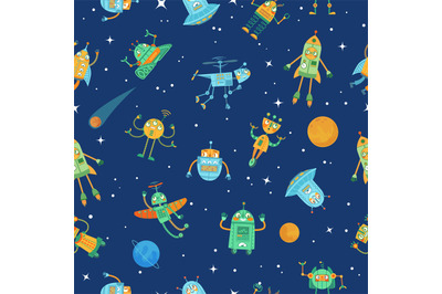 Seamless space robots pattern. Cute robot in space with stars and plan