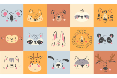 Cute animal portraits. Hand drawn happy animals faces&2C; smiling bear&2C; f