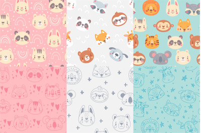 Seamless animals faces pattern. Cute animal heads, hand drawn zoo anim