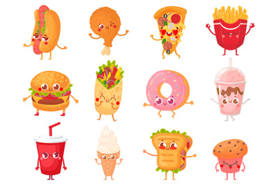 Cartoon fast food mascots. Street food character, french fries and piz