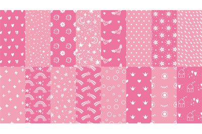 Cute pink seamless patterns. Hand drawn hearts, stars pattern for litt