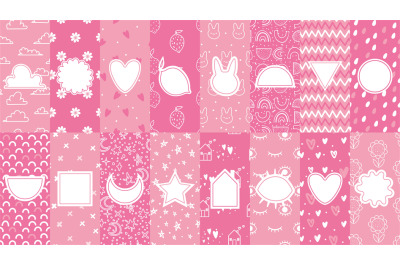 Cute patterns with badges. Pink pattern for little baby, girly abstrac