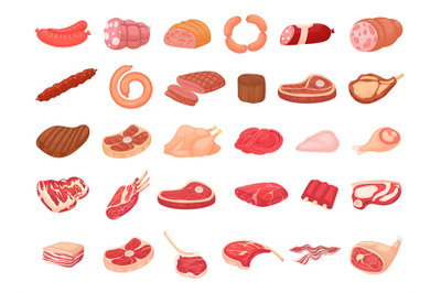 Cartoon meat products. Chicken&2C; sausages and sausages. Steaks&2C; pork ba