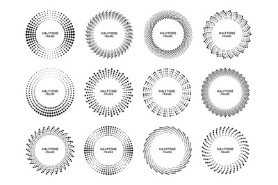 Halftone circle frame. Retro round frame with halftones dots gradient,