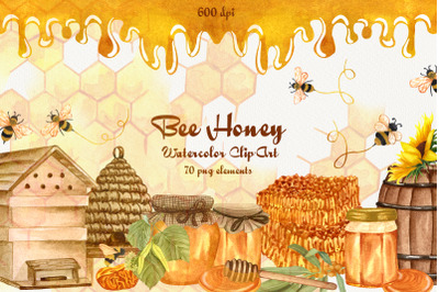 Bee Honey Watercolor ClipArt 600dpi