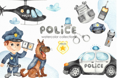 Watercolor Police Clipart. Car, helicopter, motorcycle, dog, equipment