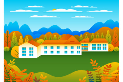 Hills and mountains landscape, house farm in flat style