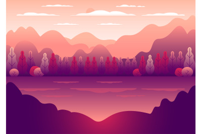 Hills and mountains landscape in flat style design. Valley