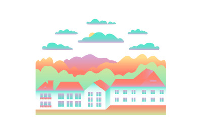 Landscape with residential buildings, logo design on white