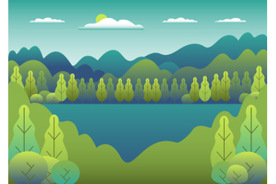 Hills and mountains landscape with lake in flat style design