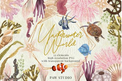 Illustration of Underwater  World. Marine Bundle. Sea Animals Plants