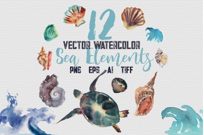12 Vector Watecolor Clipart Sea Elements, png, tiff, ai, eps