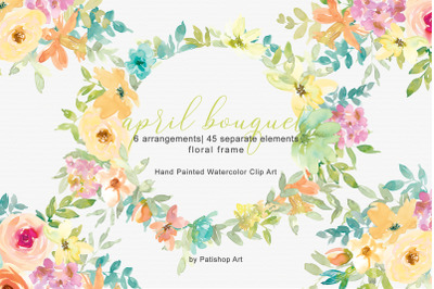 Pastel Spring Watercolor Floral Bouquets &amp; Separate Elements Frame