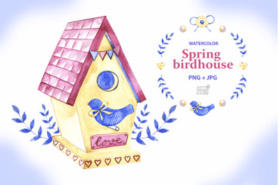 Watercolor birdhouse illustration