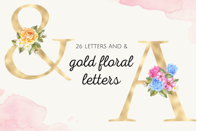 Gold foil alphabet with hydrangea flowers&2C; Floral alphabet clipart&2C; Le