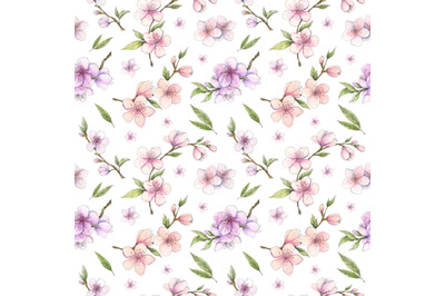 Spring cherry, almond blossom watercolor seamless pattern