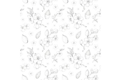 Spring blooming almond pen ink seamless pattern