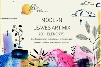 Leaves. Modern watercolor and graphic floral bundle
