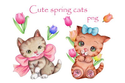 Cute Spring Cats. Watercolor hand drawn illustrations.