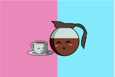 Kawaii Cute Teapot and Cup Coffee