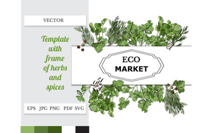Template with frame of hand drawn sketch of herbs and spices