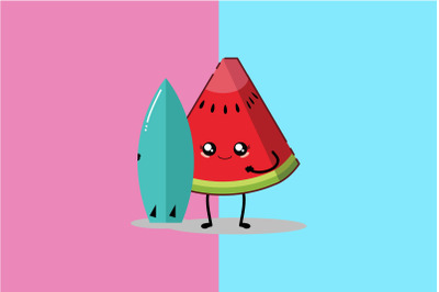 Kawaii Cute Watermelon in Beach Art Illustration