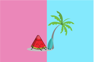 Kawaii Cute Watermelon in Beach Art Character