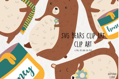SVG Woodland Bear Clip Art Set. Set of 6 digital clipart 300 dpi