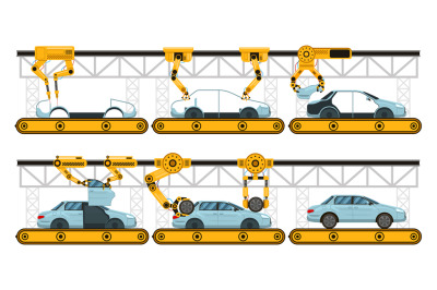 Automobile assembly. Factory car assembly conveyor, manufacturing robo