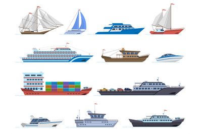 Sailboat ships. Sea transportation boats, cargo ship, yacht, sailing b