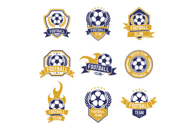 Football team labels. Soccer ball club logo, sport leagues championshi