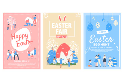 Easter event fair flyer. Happy easter celebrating event posters, sprin