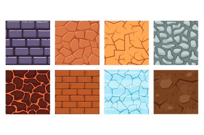 Cartoon game ground. Texture game brick surface, ice, bricks sandy des