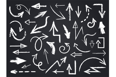 Chalk sketch arrow. Hand drawn chalk arrows, chalkboard graphic elemen