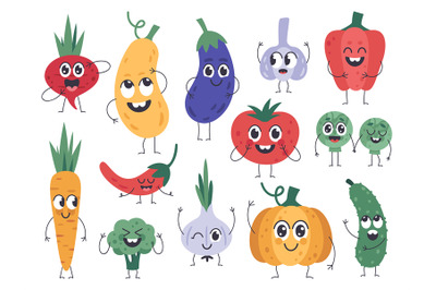 Vegetable mascots. Happy carrot, cute cucumber and pumpkin characters,