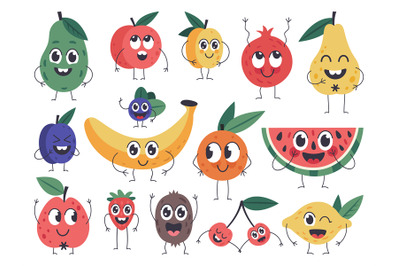 Fruit character. Doodle vegetarian food mascots, happy fruits comic em