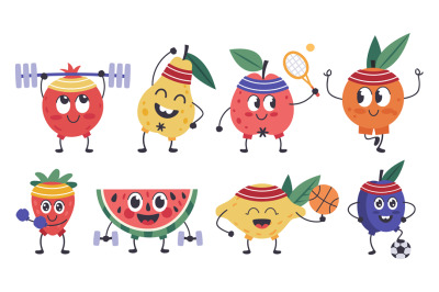 Fruit fitness characters. Doodle fruit mascots do sports, funny apple,