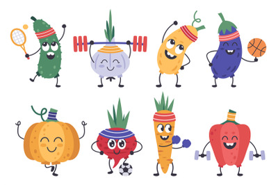 Vegetables fitness. Funny doodle veggies in exercises and meditation p