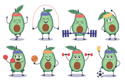 Avocado fitness. Funny doodle avocado character do sport, meditation,