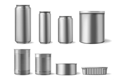 Realistic metal tincans. Food and drink can&2C; beverage packaging mockup