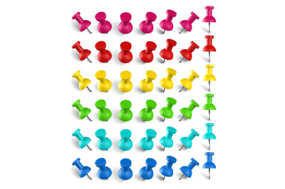 Colorful pushpin, pin and thumbtack. Color location mark pins, vector