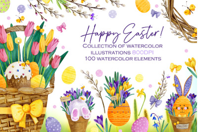 Watercolor Happy Easter bunnies collection