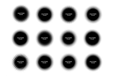 Round halftone shape frames. Black circles with dotted texture&2C; dots g