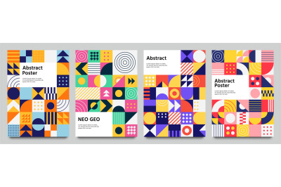 Colorful neo geometric poster. Grid with color geometrical shapes. Mod